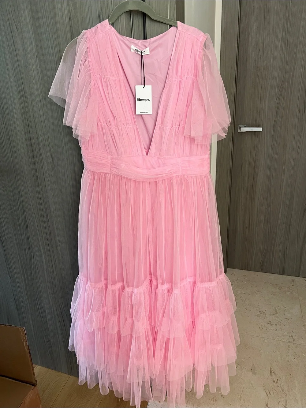 NWT REVOLVE Australia SHOWPO Jiraye pink tulle fit flare midi dress US 12 - Picture 2 of 11
